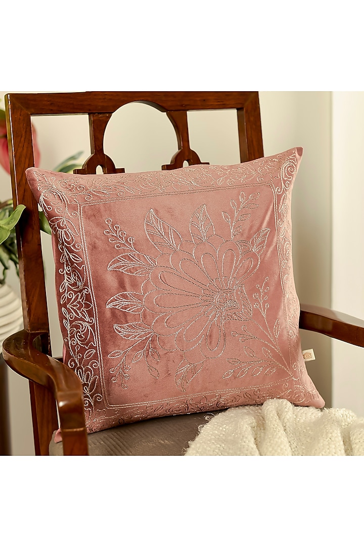 Wine Velvet Floral Embroidered Square Cushion Cover Set Of 2 by Khaabka