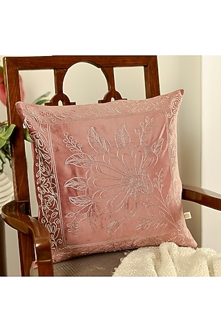 Wine Velvet Floral Embroidered Square Cushion Cover Set Of 2 by Khaabka