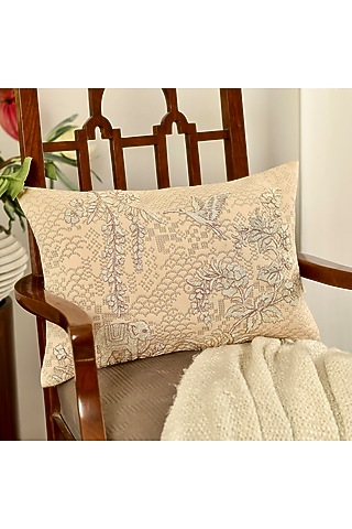 Beige Scuba Resham Work Embossed Cushion Cover Set Of 2 by Khaabka