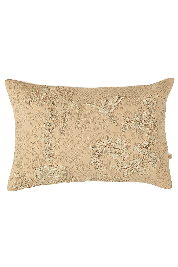 Beige Scuba Resham Work Embossed Cushion Cover Set Of 2 by Khaabka at Pernia's Pop Up Shop