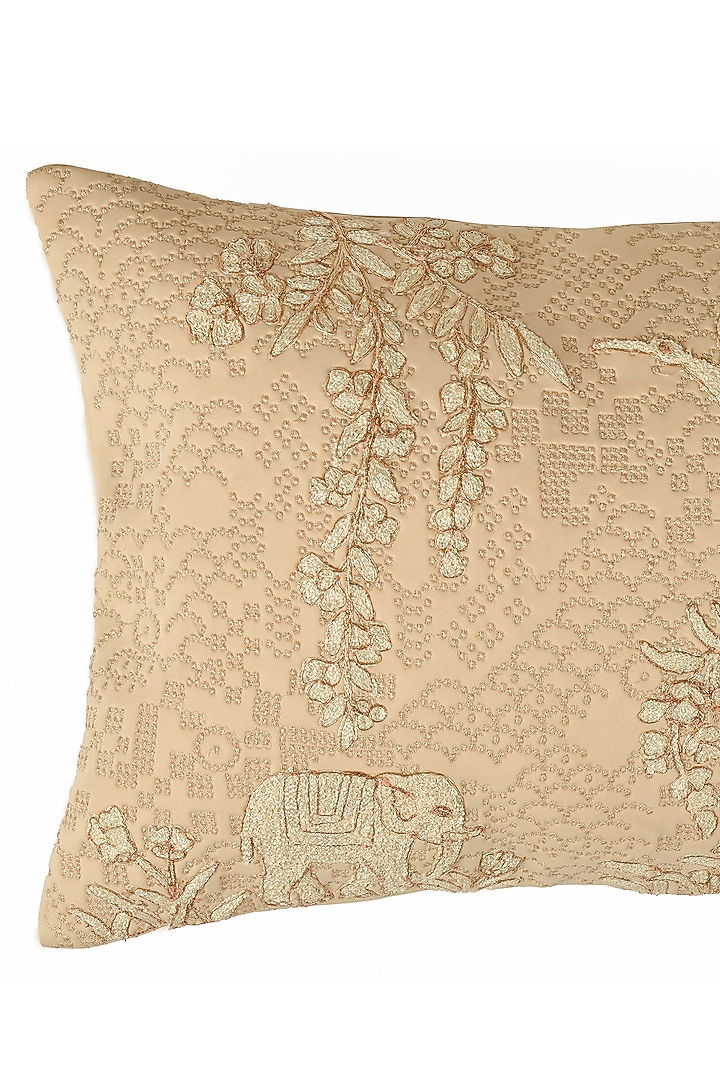 Beige Scuba Resham Work Embossed Cushion Cover Set Of 2 by Khaabka at Pernia's Pop Up Shop