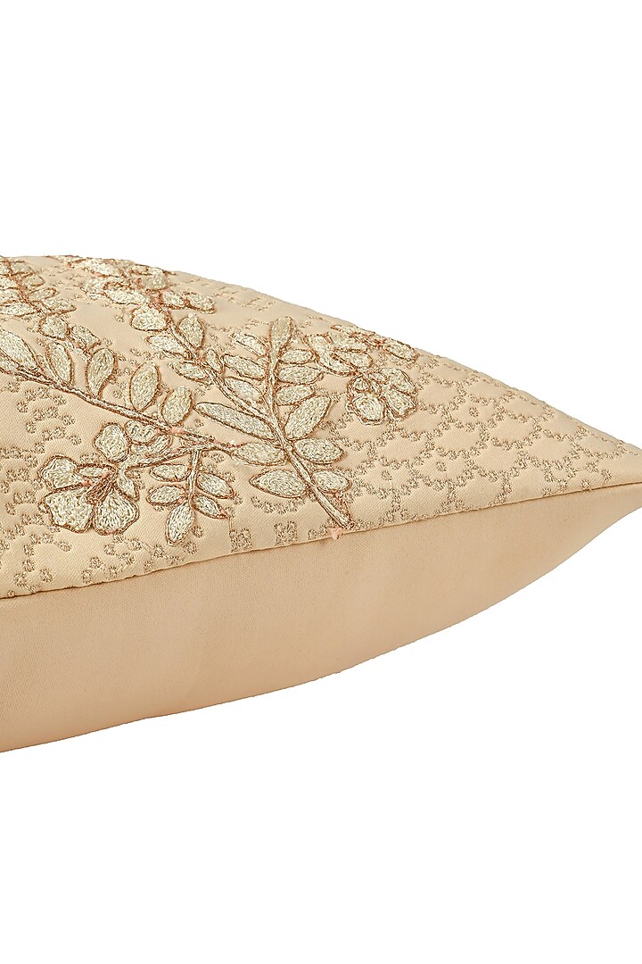 Beige Scuba Resham Work Embossed Cushion Cover Set Of 2 by Khaabka at Pernia's Pop Up Shop