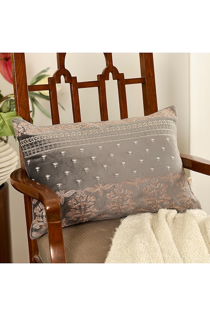 Grey Velvet Zari Motifs Embroidered Cushion Cover Set Of 2 by Khaabka