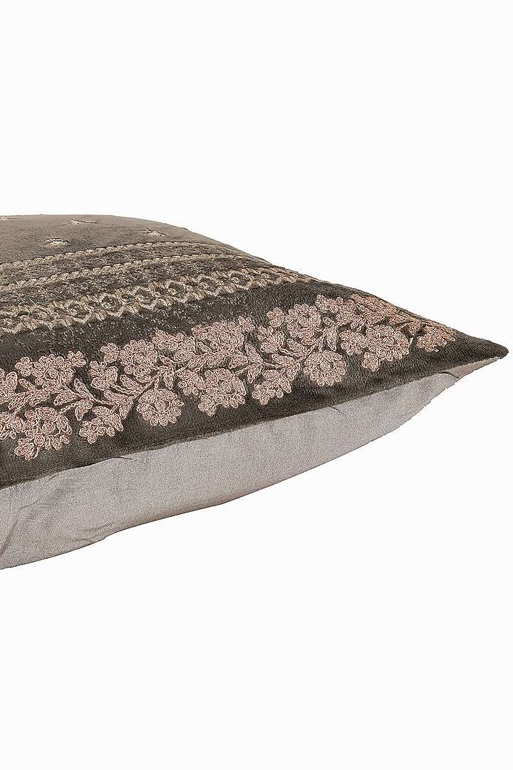 Grey Velvet Zari Motifs Embroidered Cushion Cover Set Of 2 by Khaabka at Pernia's Pop Up Shop
