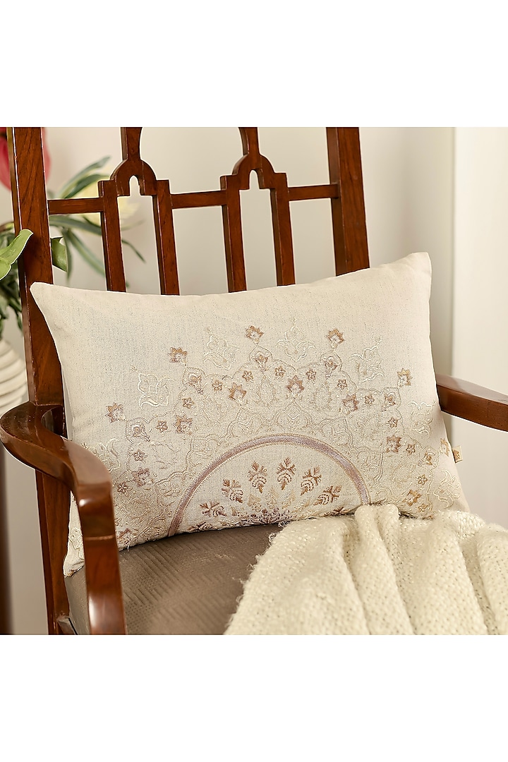 Cream Cotton Linen Resham Embroidered Cushion Cover Set Of 2 by Khaabka