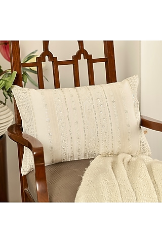 Ivory Cotton Silk Resham Embroidered Cushion Cover Set Of 2 by Khaabka