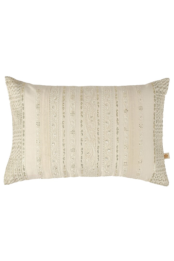 Ivory Cotton Silk Resham Embroidered Cushion Cover Set Of 2 by Khaabka at Pernia's Pop Up Shop