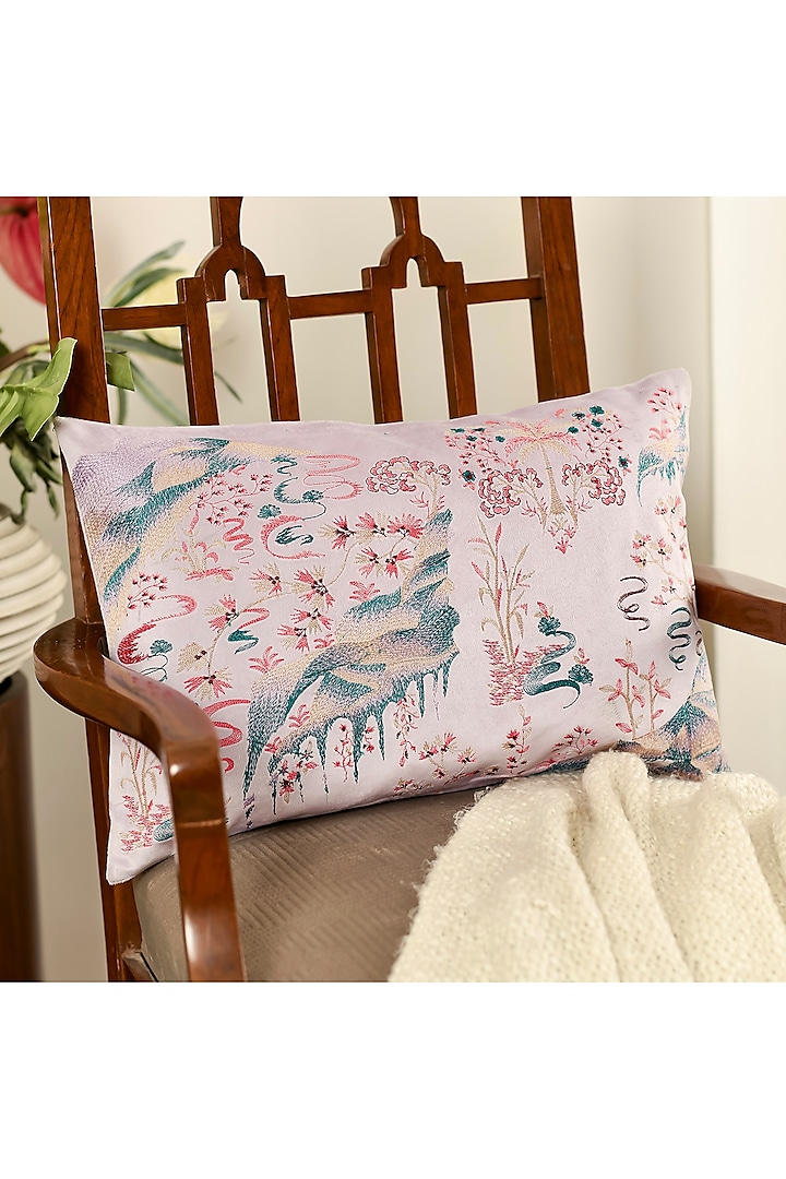 Lavender Velvet Resham Embroidered Cushion Cover Set Of 2 by Khaabka