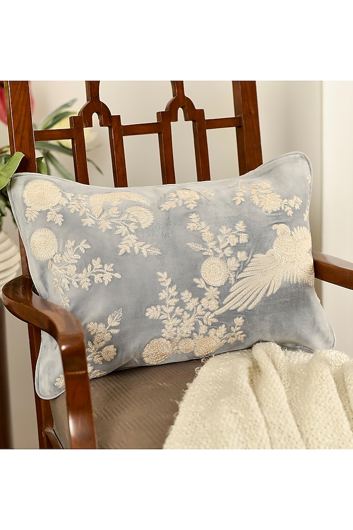 Sky Blue Velvet Kiran Dori Embroidered Cushion Cover Set Of 2 by Khaabka