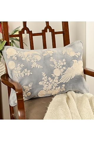 Sky Blue Velvet Kiran Dori Embroidered Cushion Cover Set Of 2 by Khaabka
