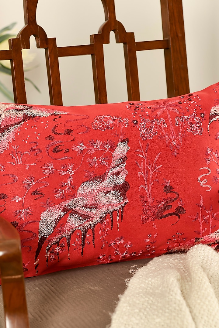 Red Velvet Resham Embroidered Cushion Cover Set Of 2 by Khaabka