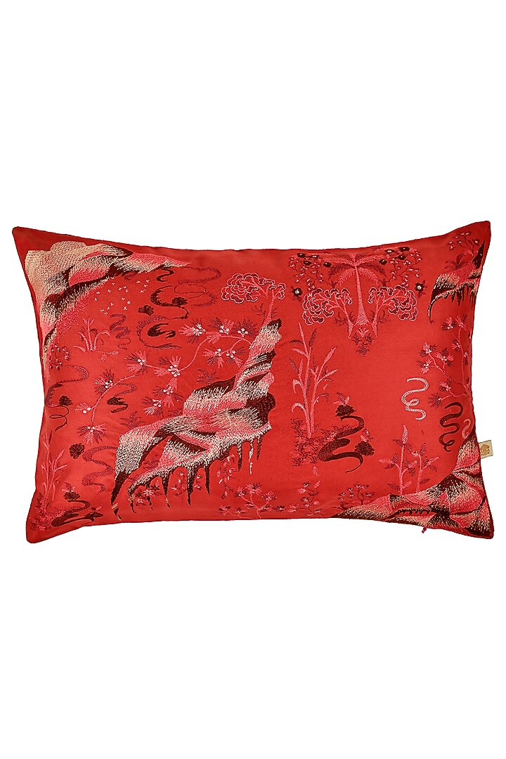 Red Velvet Resham Embroidered Cushion Cover Set Of 2 by Khaabka at Pernia's Pop Up Shop