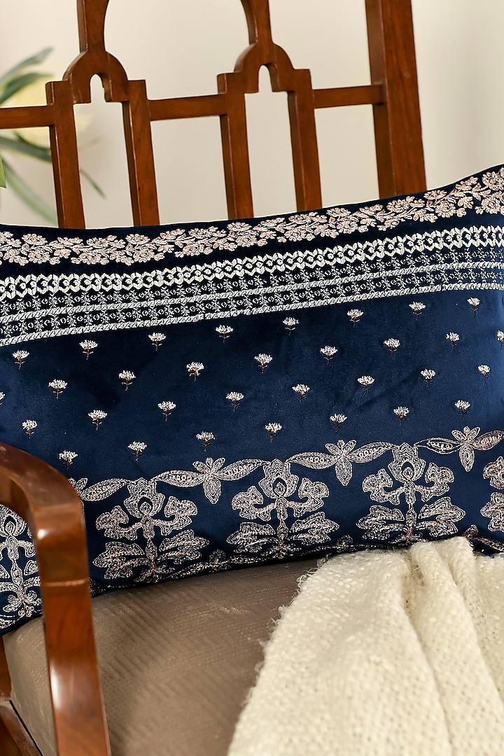 Navy Blue Velvet Resham & Zari Embroidered Cushion Cover Set Of 2 by Khaabka