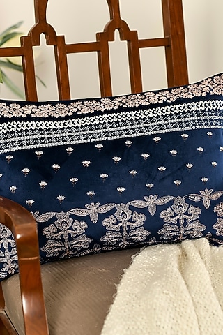 Navy Blue Velvet Resham & Zari Embroidered Cushion Cover Set Of 2 by Khaabka