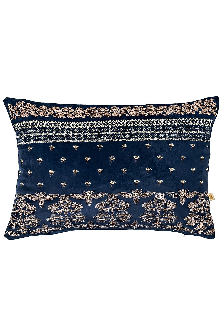 Navy Blue Velvet Resham & Zari Embroidered Cushion Cover Set Of 2 by Khaabka at Pernia's Pop Up Shop