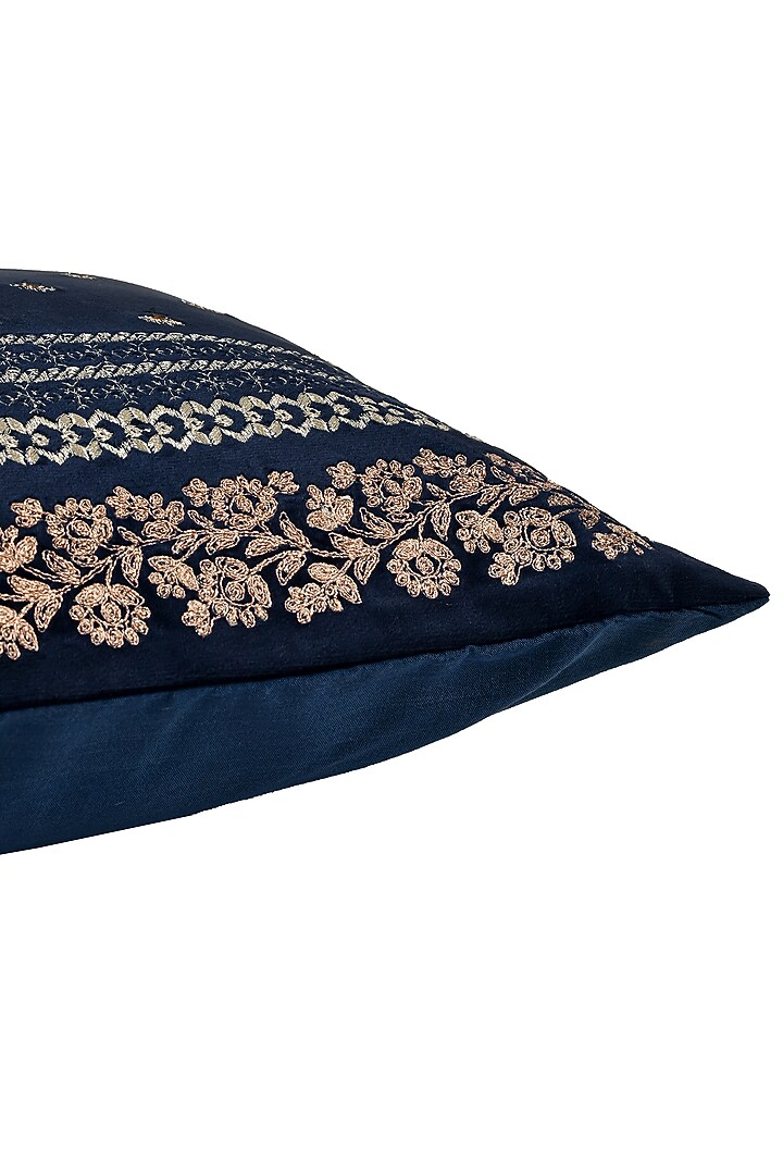 Navy Blue Velvet Resham & Zari Embroidered Cushion Cover Set Of 2 by Khaabka at Pernia's Pop Up Shop