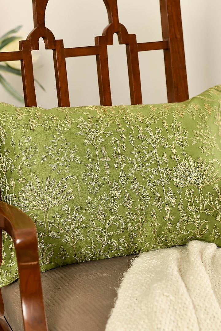 Green Cotton Silk Resham Embroidered Cushion Cover Set Of 2 by Khaabka