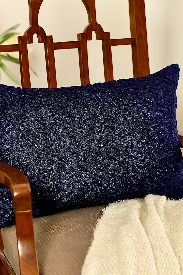 Navy Blue Cotton Silk Embroidered Cushion Cover Set Of 2 by Khaabka