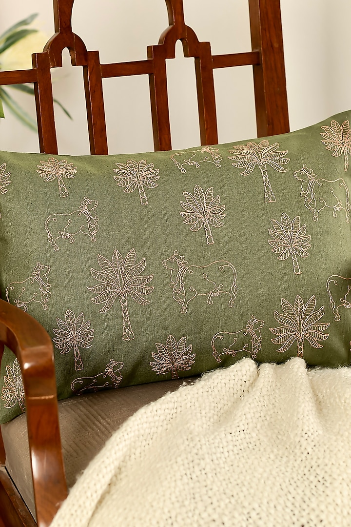 Olive Green Cotton Linen Resham Embroidered Cover Set Of 2 by Khaabka