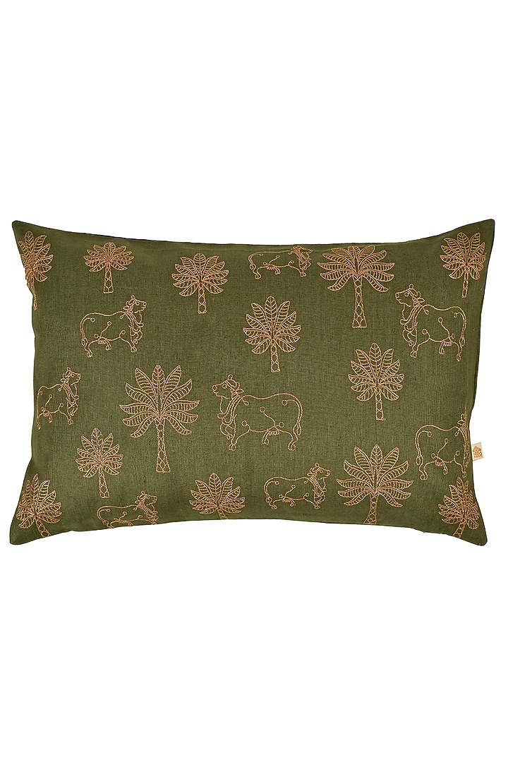 Olive Green Cotton Linen Resham Embroidered Cover Set Of 2 by Khaabka at Pernia's Pop Up Shop