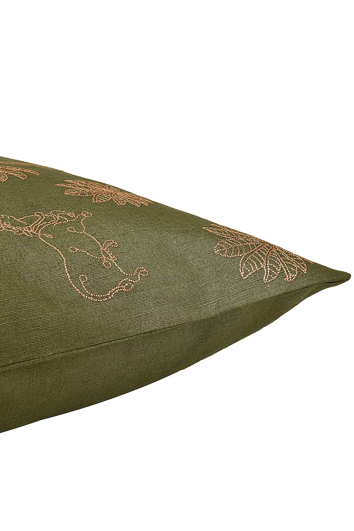Olive Green Cotton Linen Resham Embroidered Cover Set Of 2 by Khaabka at Pernia's Pop Up Shop