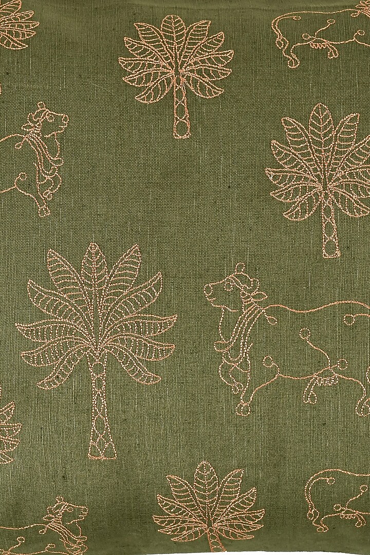 Olive Green Cotton Linen Resham Embroidered Cover Set Of 2 by Khaabka at Pernia's Pop Up Shop
