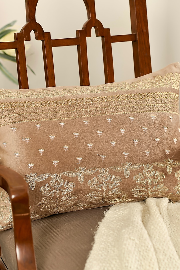 Brown Velvet Zari Embroidered Cushion Cover Set Of 2 by Khaabka