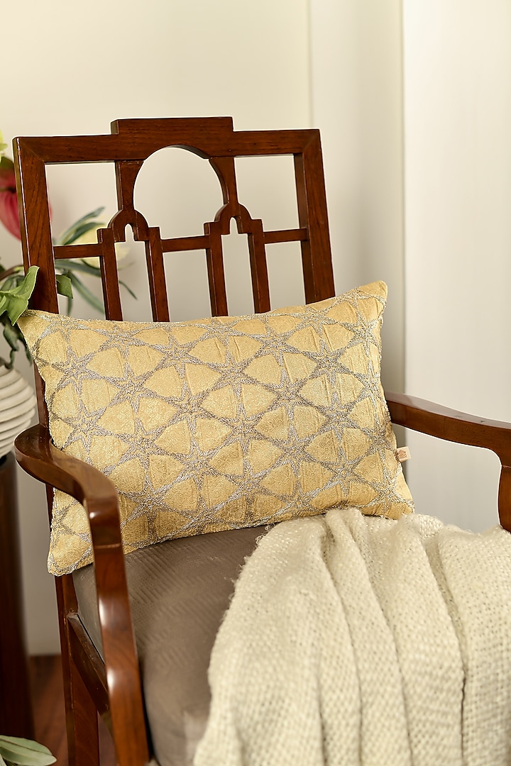 Gold Chanderi Silk Zari Dori Embroidered & Printed Cushion Cover Set Of 2 by Khaabka