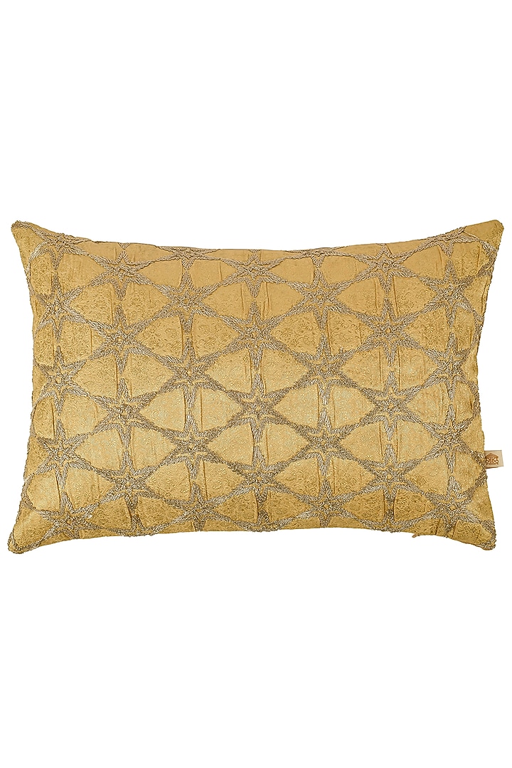 Gold Chanderi Silk Zari Dori Embroidered & Printed Cushion Cover Set Of 2 by Khaabka at Pernia's Pop Up Shop