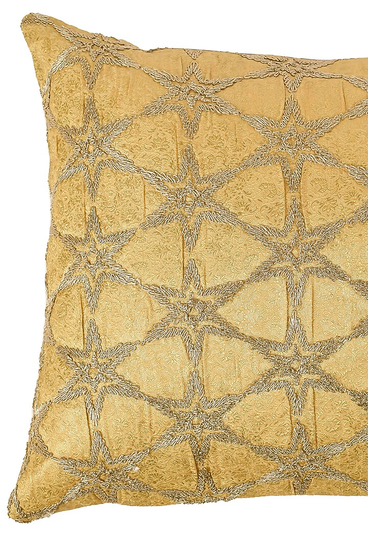 Gold Chanderi Silk Zari Dori Embroidered & Printed Cushion Cover Set Of 2 by Khaabka at Pernia's Pop Up Shop