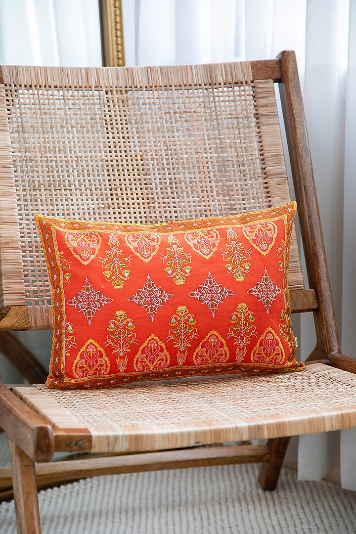 Orange Cotton Linen Embroidered Cushion Cover (Set Of 2) by Khaabka at Pernia's Pop Up Shop