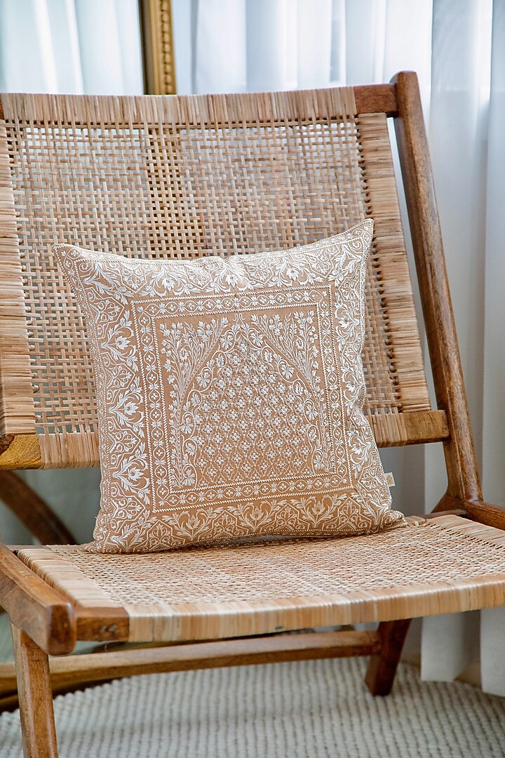 Cream Cotton Linen Embroidered Cushion Cover (Set Of 2) by Khaabka at Pernia's Pop Up Shop