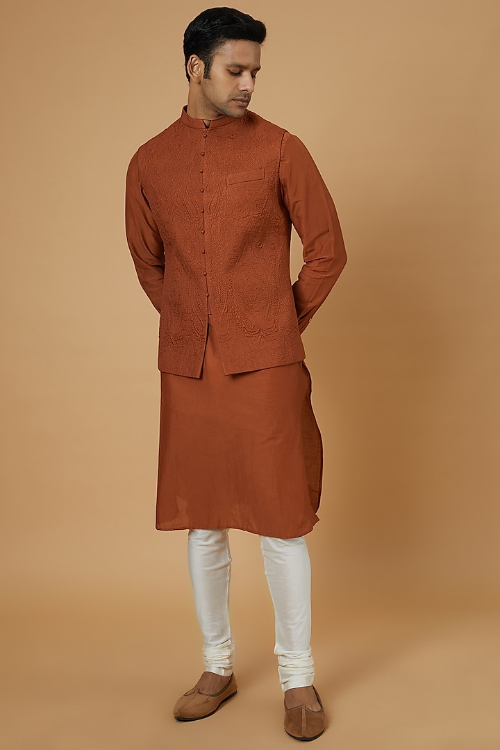 Amber Orange Silk Bundi Jacket With Kurta by Khanijo