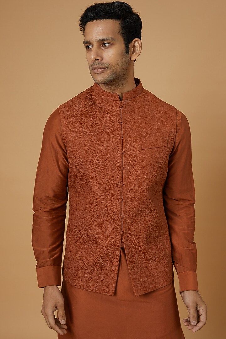 Amber Orange Silk Bundi Jacket With Kurta by Khanijo at Pernia's Pop Up Shop