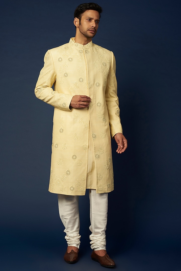Powder Yellow Embroidered Achkan Jacket Set by Khanijo