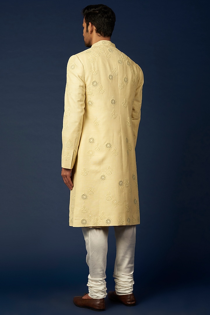 Powder Yellow Embroidered Achkan Jacket Set by Khanijo at Pernia's Pop Up Shop