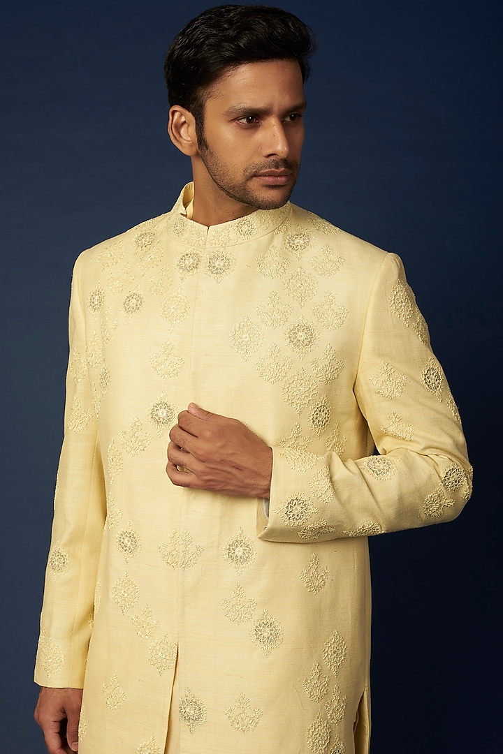 Powder Yellow Embroidered Achkan Jacket Set by Khanijo at Pernia's Pop Up Shop