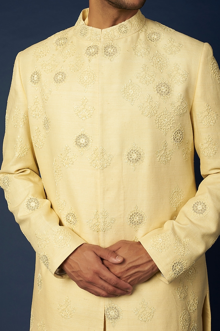 Powder Yellow Embroidered Achkan Jacket Set by Khanijo at Pernia's Pop Up Shop
