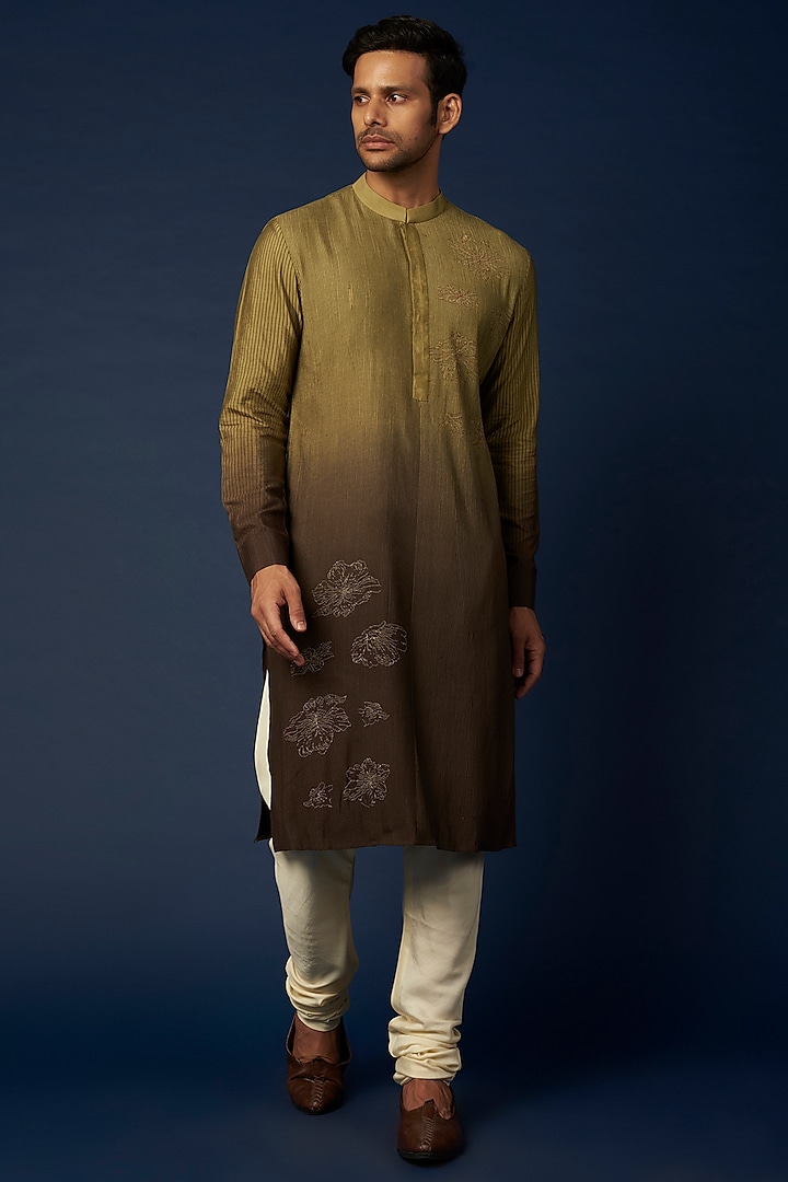 Olive Green Ombre Embroidered Kurta Set by Khanijo