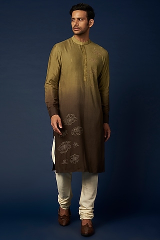 Olive Green Ombre Embroidered Kurta Set by Khanijo