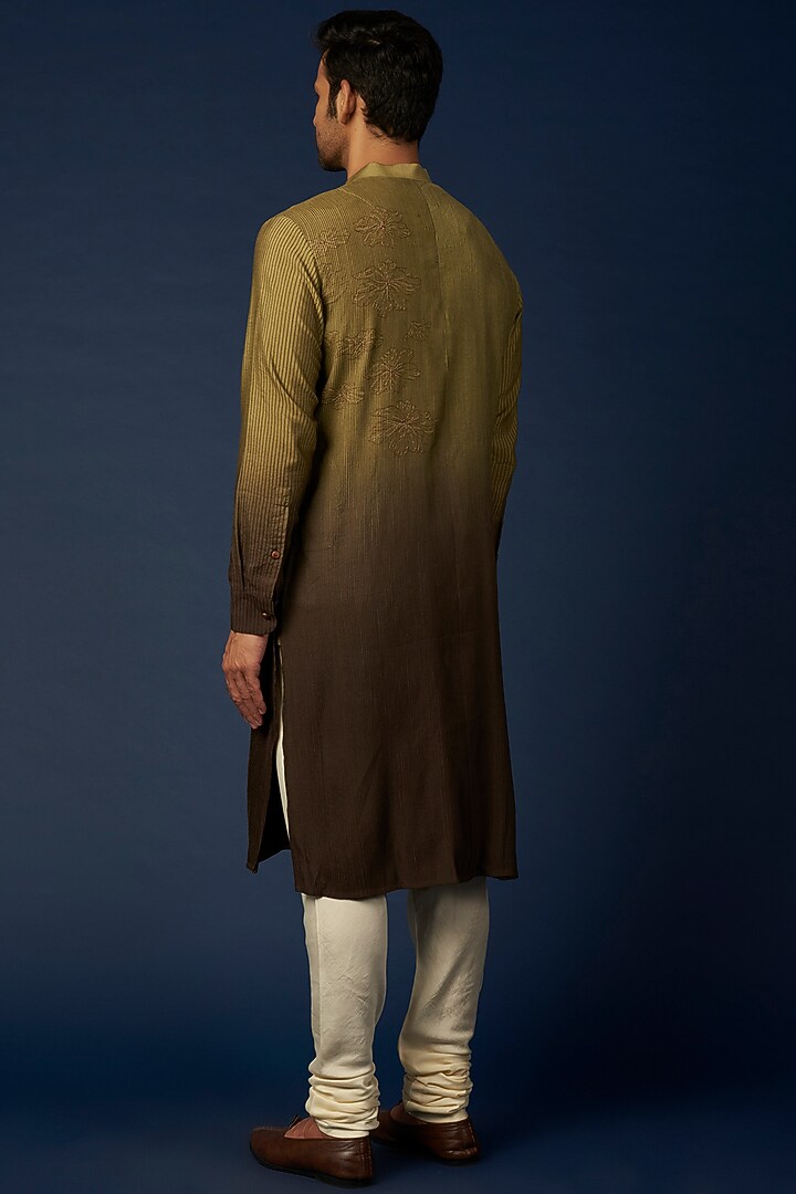 Olive Green Ombre Embroidered Kurta Set by Khanijo at Pernia's Pop Up Shop