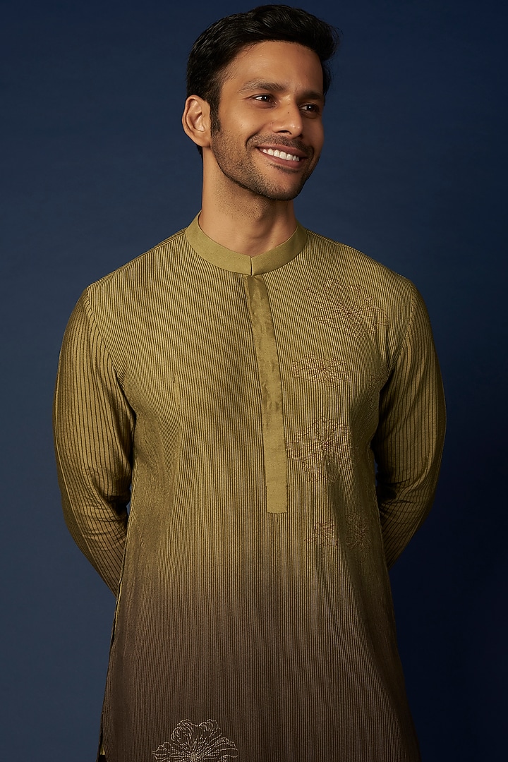 Olive Green Ombre Embroidered Kurta Set by Khanijo at Pernia's Pop Up Shop