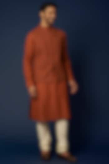 Burnt Orange Silk Bundi Jacket With Kurta Set by Khanijo