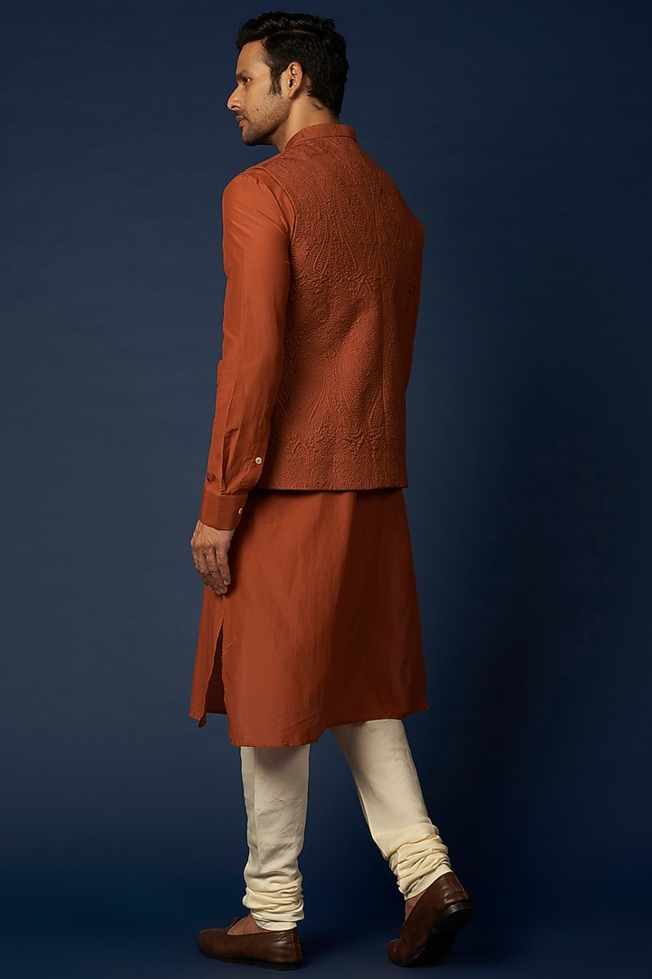 Burnt Orange Silk Bundi Jacket With Kurta Set by Khanijo at Pernia's Pop Up Shop