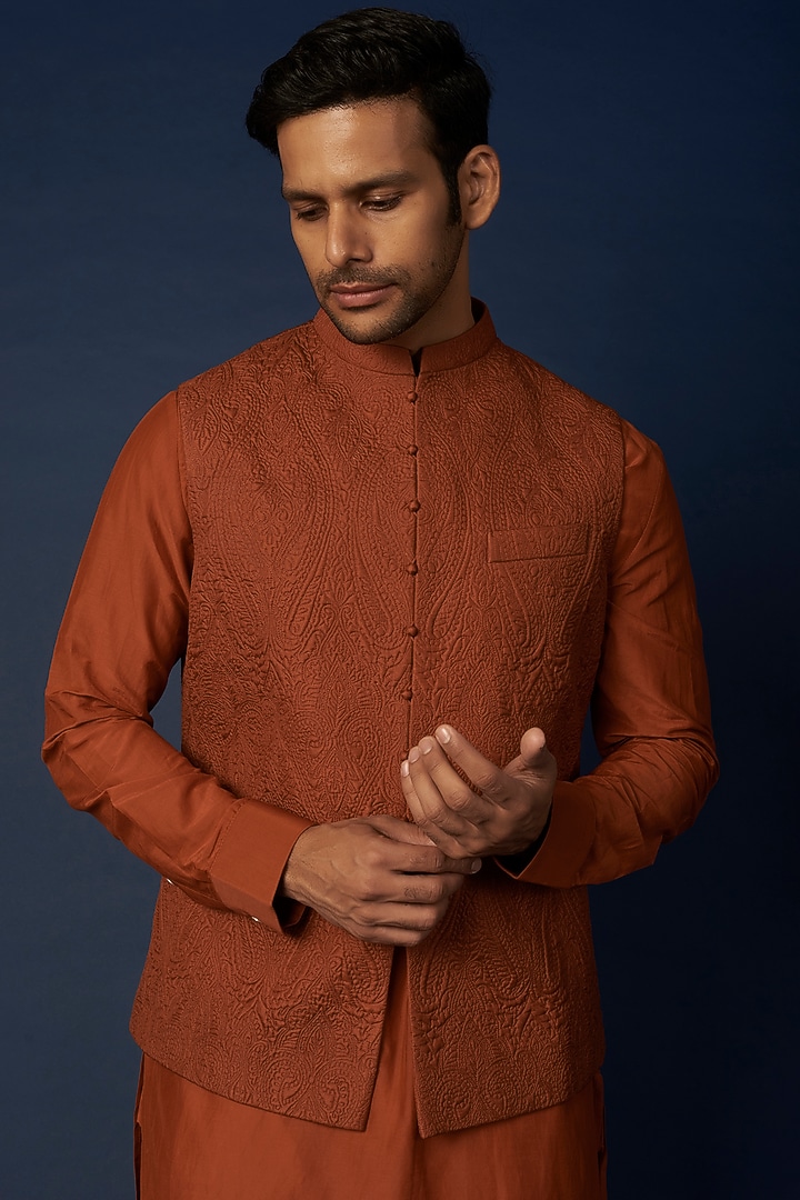 Burnt Orange Silk Bundi Jacket With Kurta Set by Khanijo at Pernia's Pop Up Shop