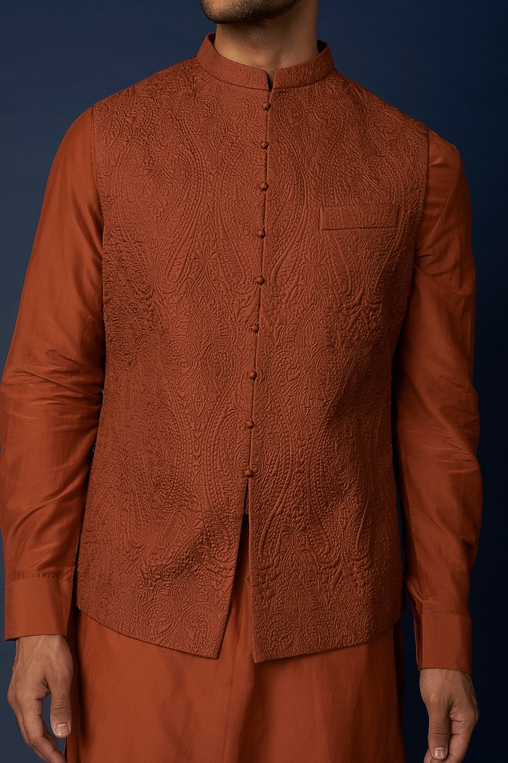 Burnt Orange Silk Bundi Jacket With Kurta Set by Khanijo at Pernia's Pop Up Shop