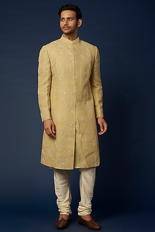 Mint Green Embroidered Achkan Jacket Set by Khanijo