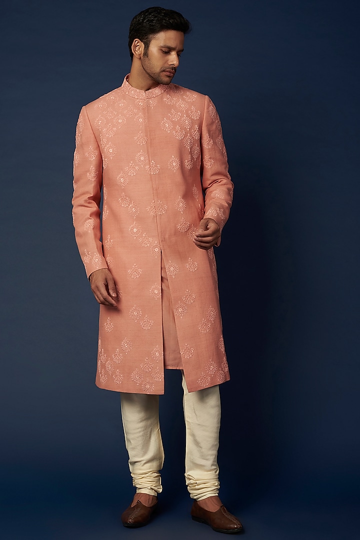 Powder Pink Embroidered Achkan Jacket Set by Khanijo
