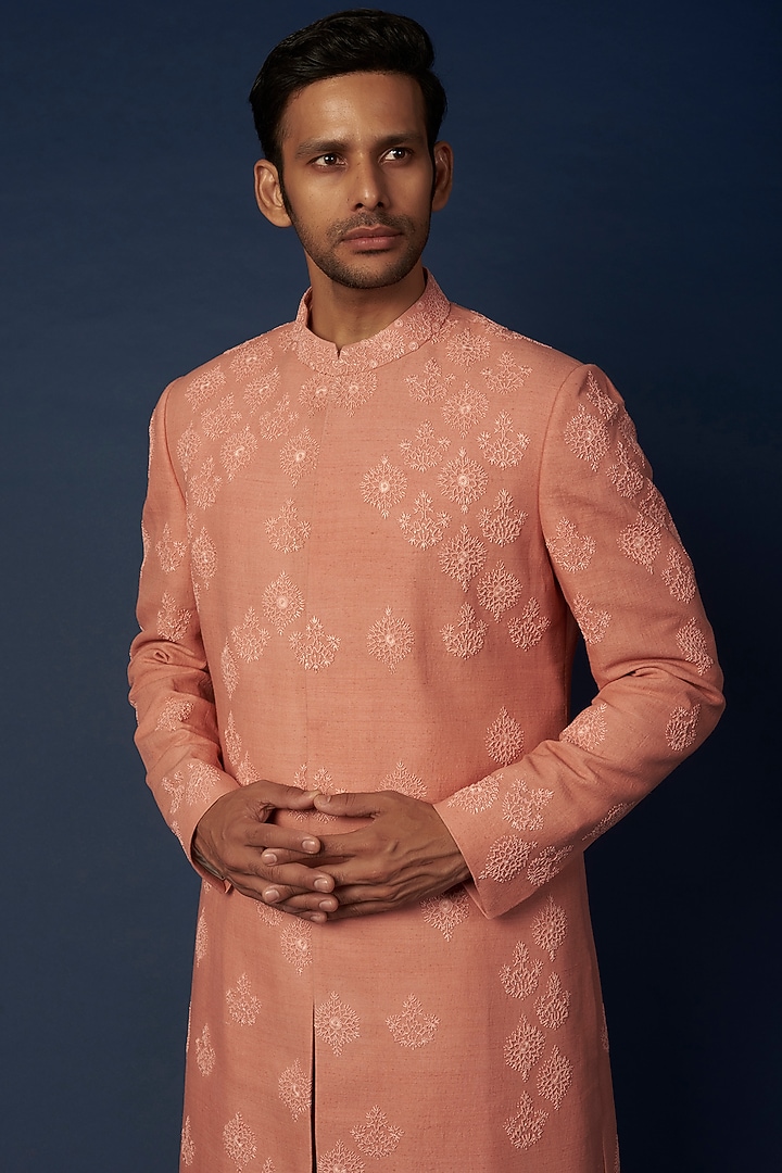 Powder Pink Embroidered Achkan Jacket Set by Khanijo at Pernia's Pop Up Shop
