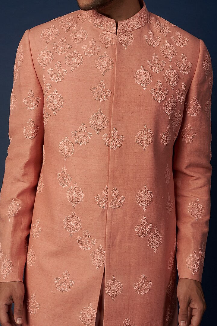 Powder Pink Embroidered Achkan Jacket Set by Khanijo at Pernia's Pop Up Shop